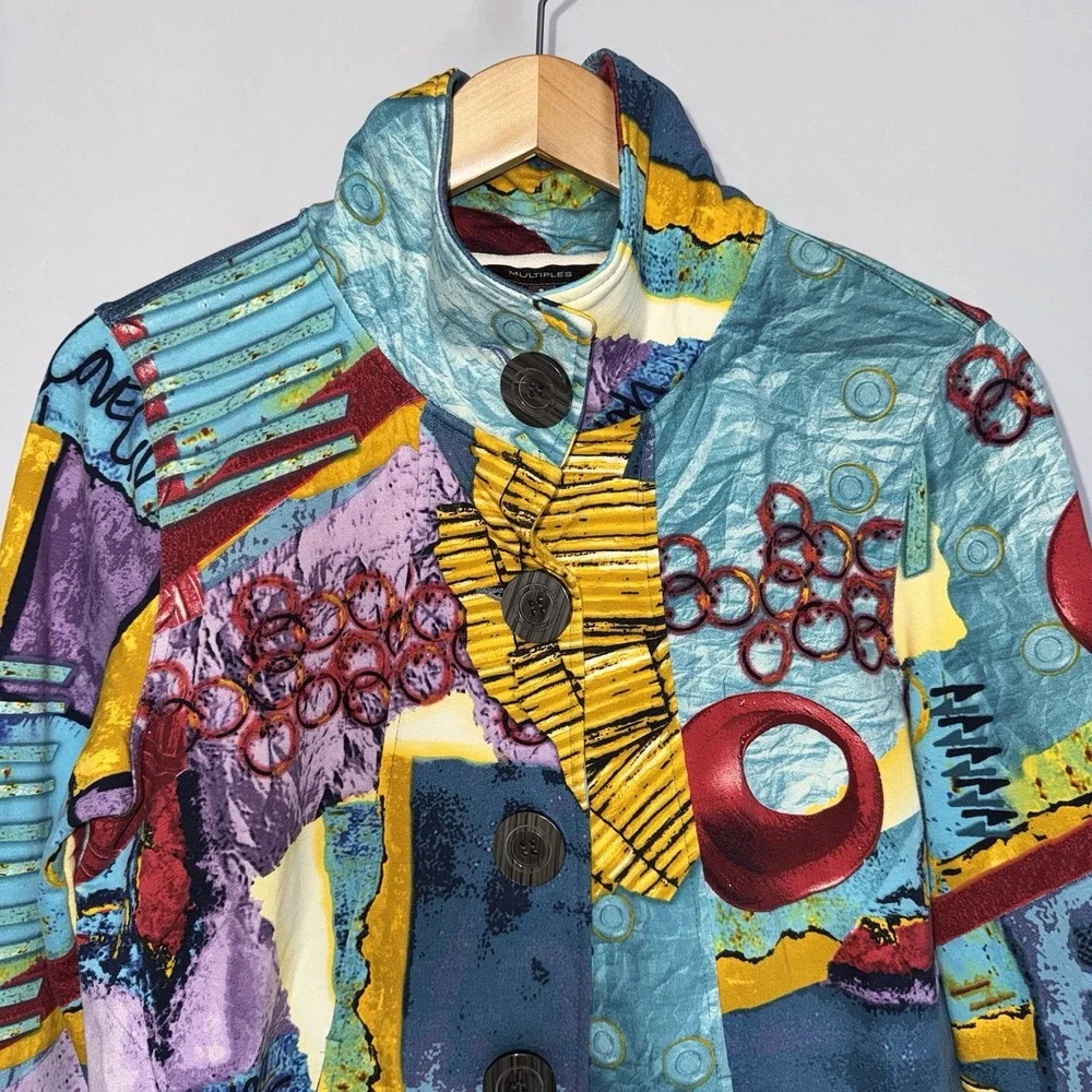 Multiples Abstract Art Print Button‎ Collared Ruffle Pockets Jacket Women's S